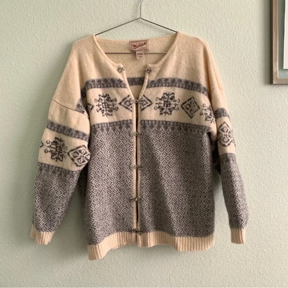 WOOLRICH vintage *flaws alpine ski style cardigan knit sweater cream wool nordic - Picture 2 of 10